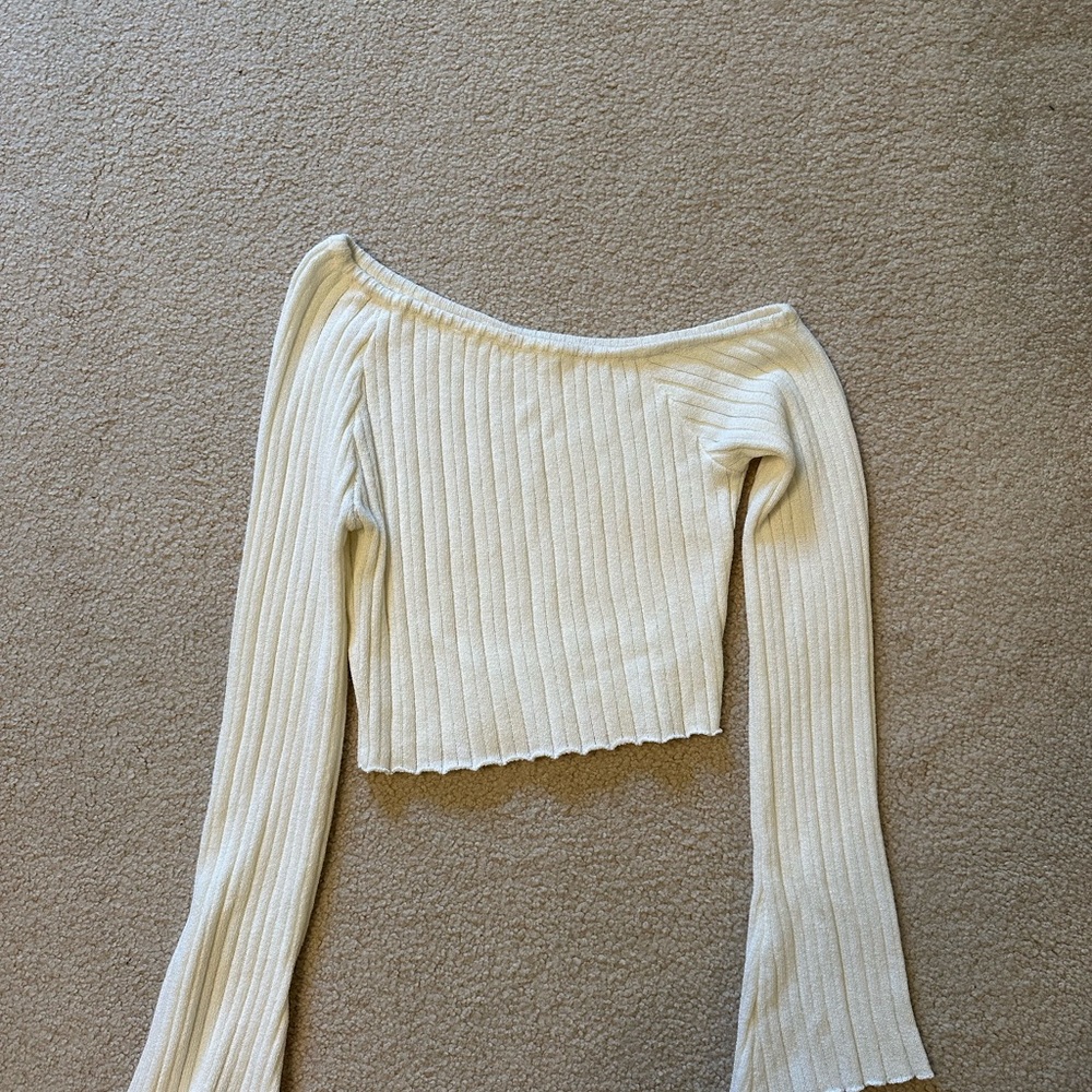Cream Ribbed Off-Shoulder Sweater